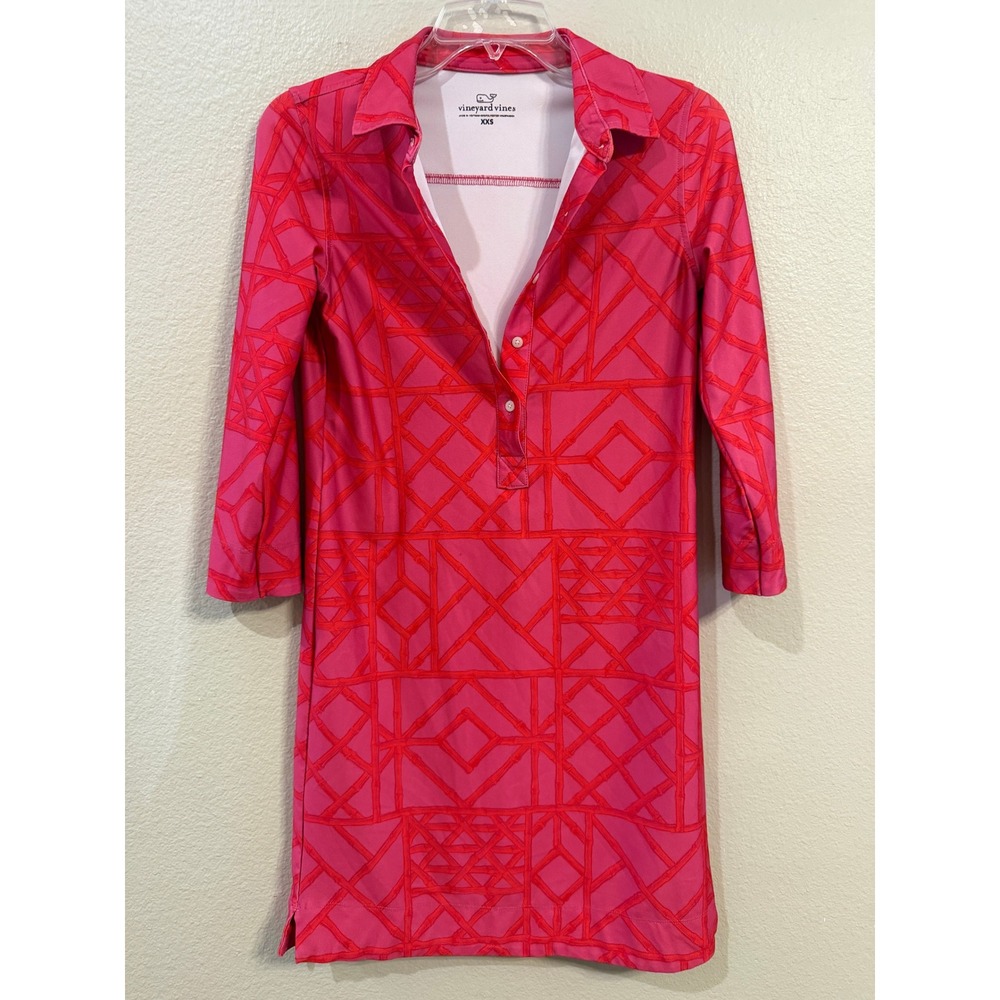 Vineyard Vines Pink Red Bamboo Lattice Polo Shift Dress XXS 3/4 Sleeve